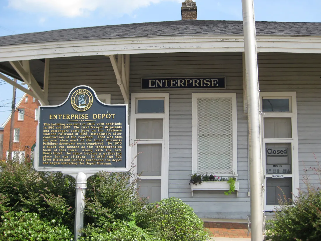 The historic Enterprise Depot with its Alabama historical marker